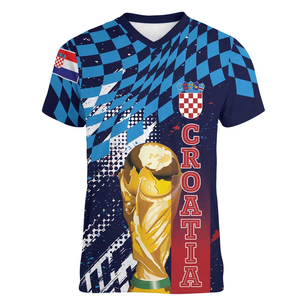 Croatia Football Custom WC2026 Blue Women V-Neck T-Shirt Hrvatska Grunge Checkerboard - Wonder Print Shop