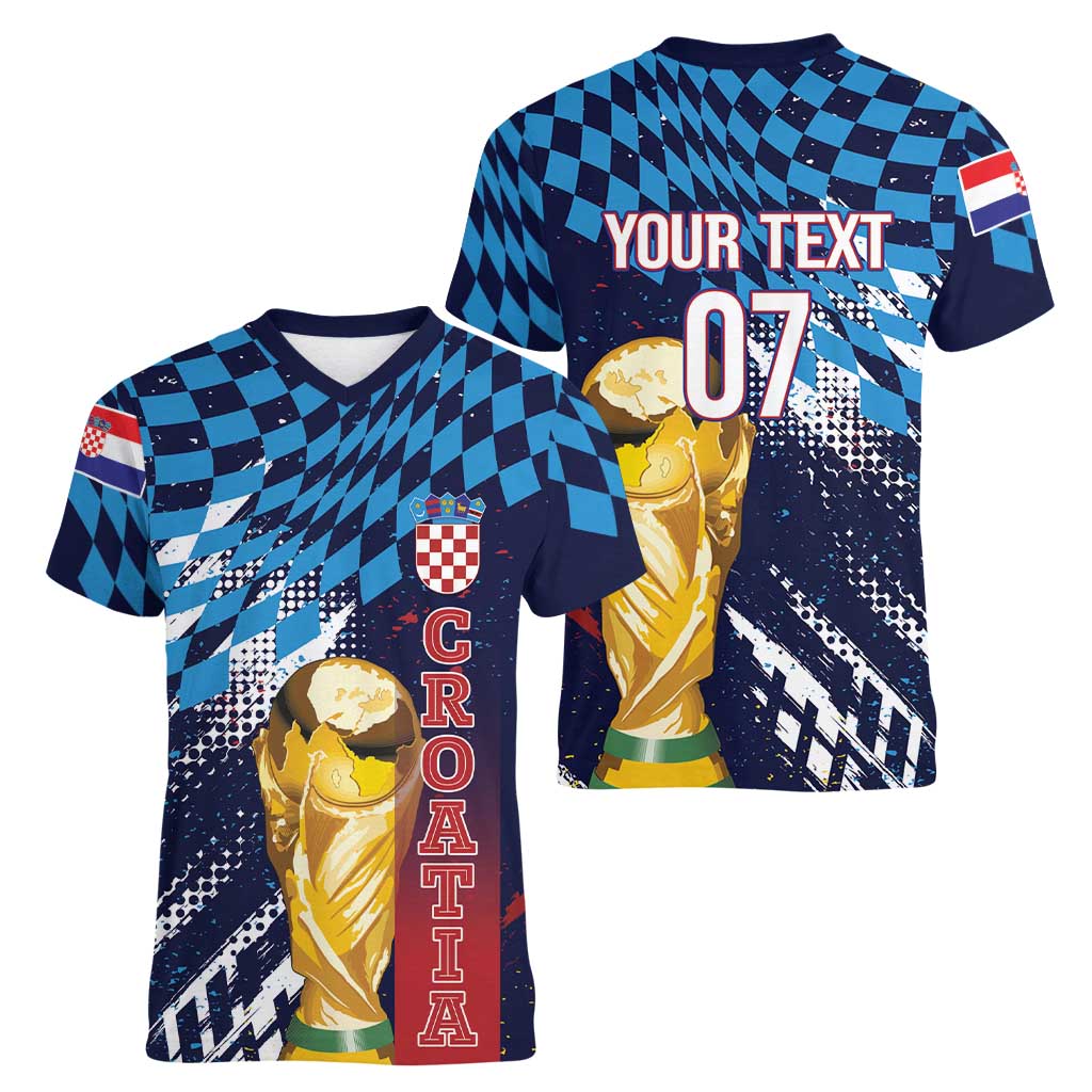 Croatia Football Custom WC2026 Blue Women V-Neck T-Shirt Hrvatska Grunge Checkerboard - Wonder Print Shop