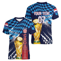 Croatia Football Custom WC2026 Blue Women V-Neck T-Shirt Hrvatska Grunge Checkerboard - Wonder Print Shop