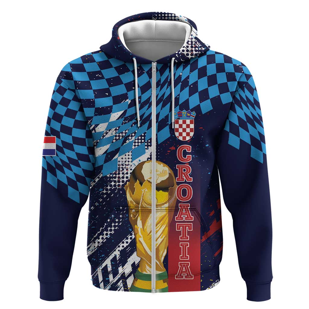 Croatia Football Custom WC2026 Blue Zip Hoodie Hrvatska Grunge Checkerboard - Wonder Print Shop