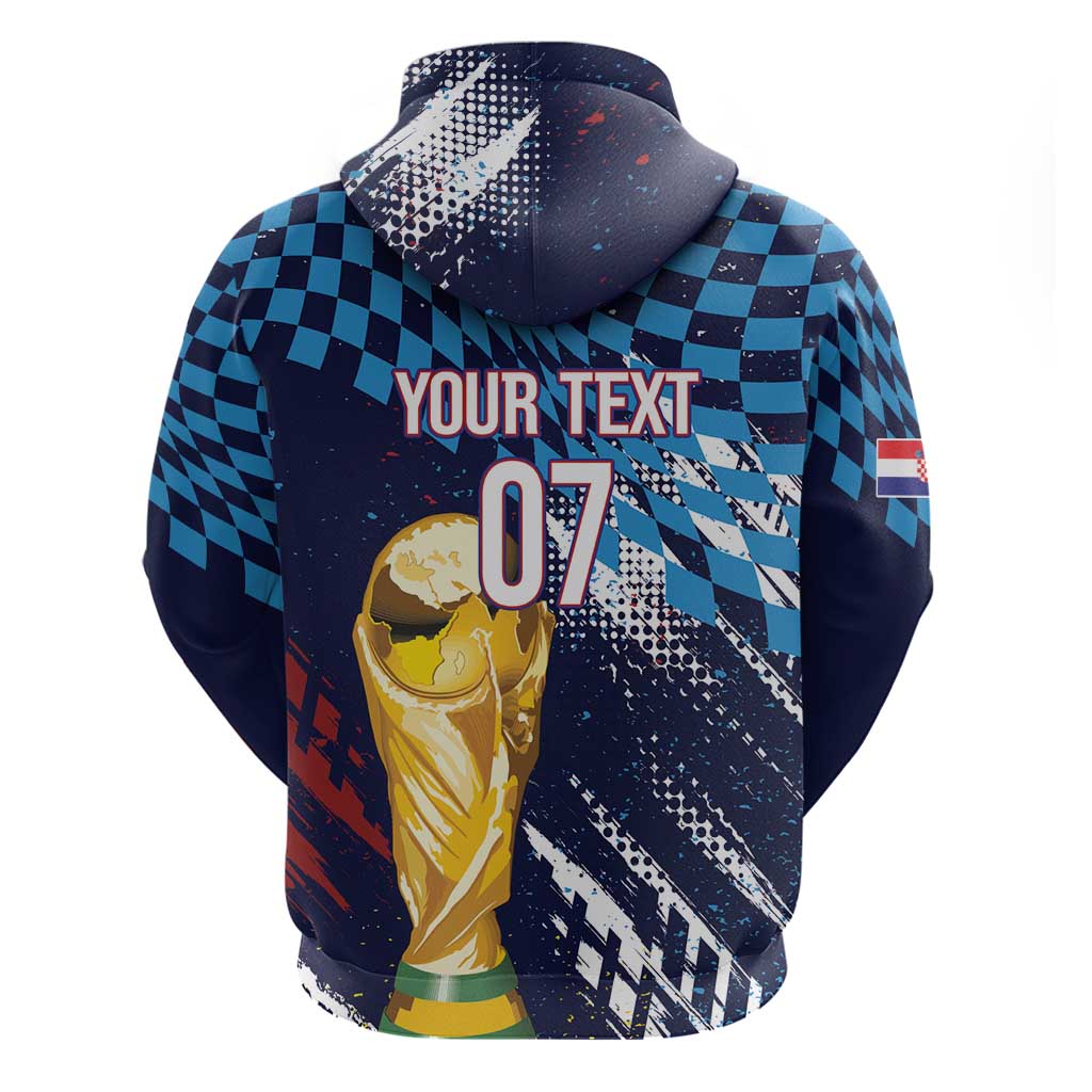 Croatia Football Custom WC2026 Blue Zip Hoodie Hrvatska Grunge Checkerboard - Wonder Print Shop