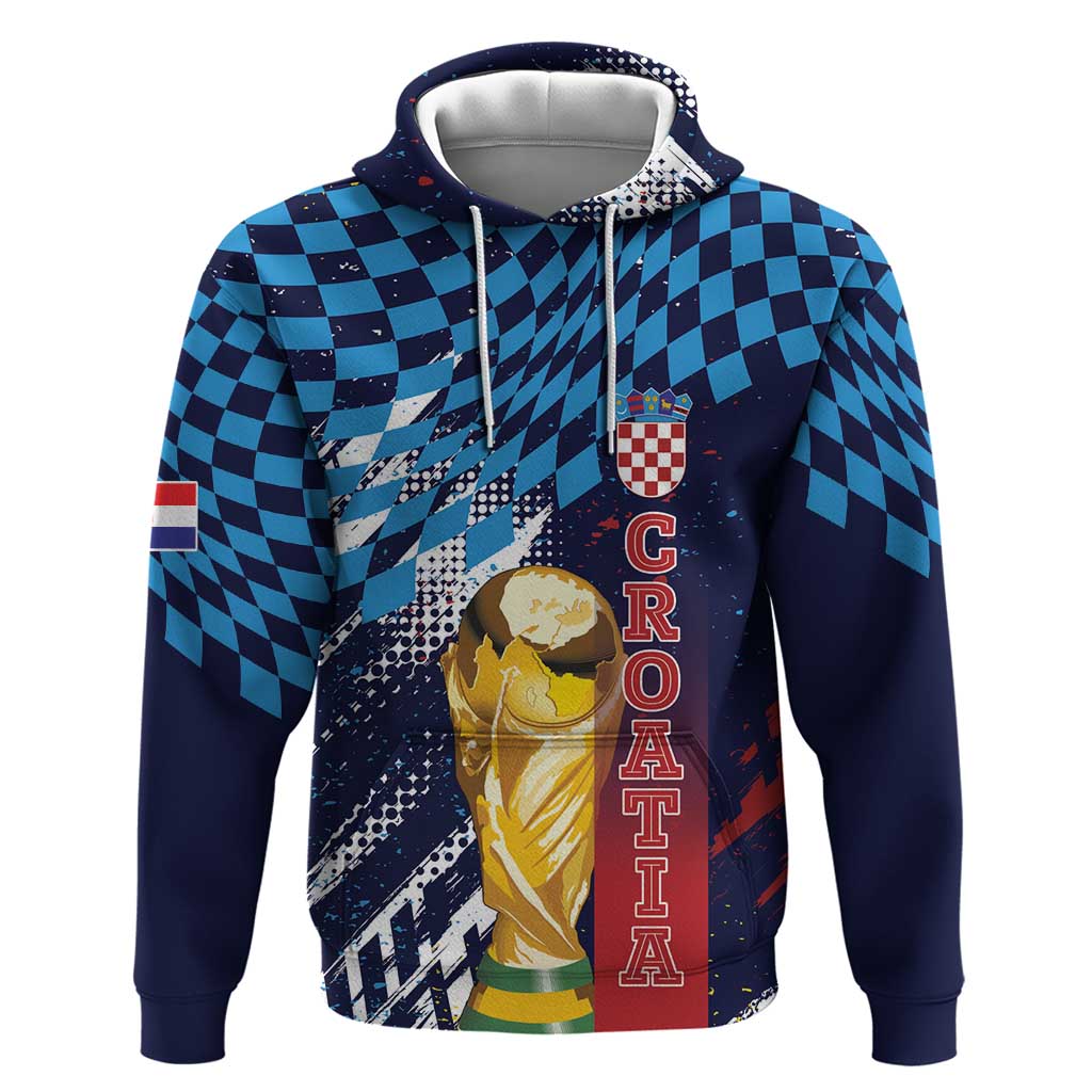 Croatia Football Custom WC2026 Blue Zip Hoodie Hrvatska Grunge Checkerboard - Wonder Print Shop