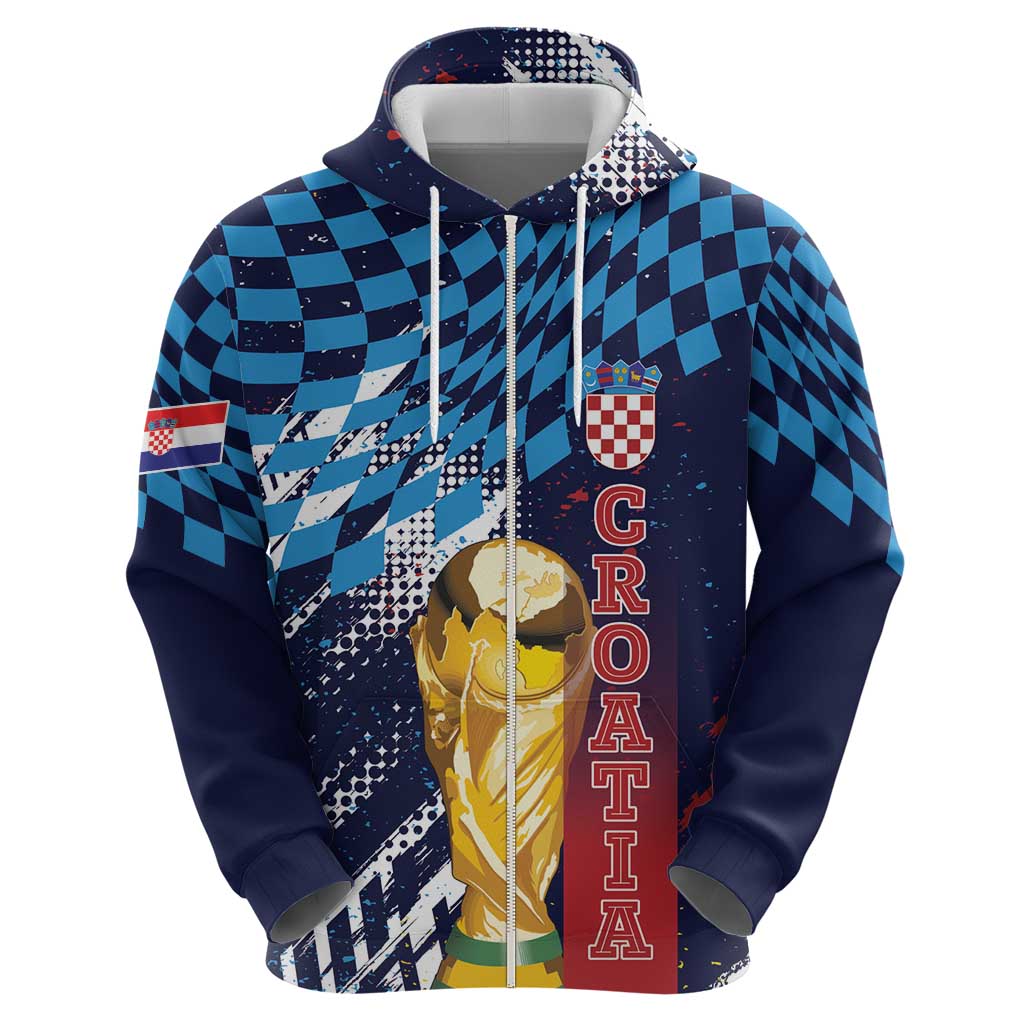 Croatia Football Custom WC2026 Blue Zip Hoodie Hrvatska Grunge Checkerboard - Wonder Print Shop