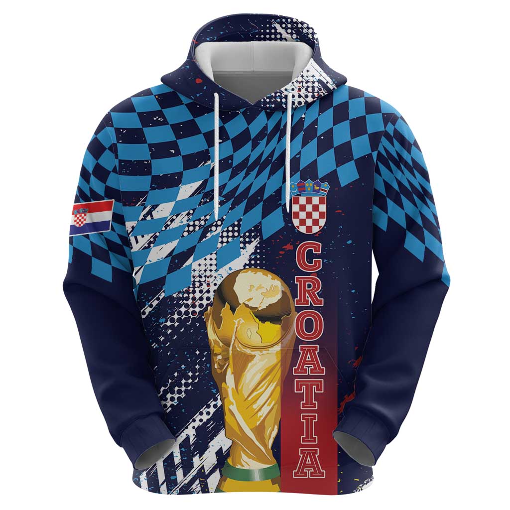 Croatia Football Custom WC2026 Blue Zip Hoodie Hrvatska Grunge Checkerboard - Wonder Print Shop