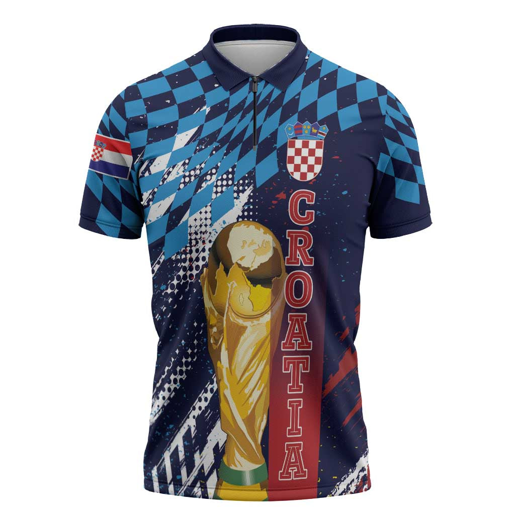 Croatia Football Custom WC2026 Blue Zipper Polo Shirt Hrvatska Grunge Checkerboard - Wonder Print Shop