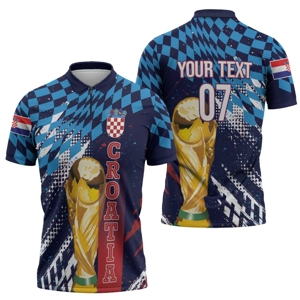 Croatia Football Custom WC2026 Blue Zipper Polo Shirt Hrvatska Grunge Checkerboard - Wonder Print Shop