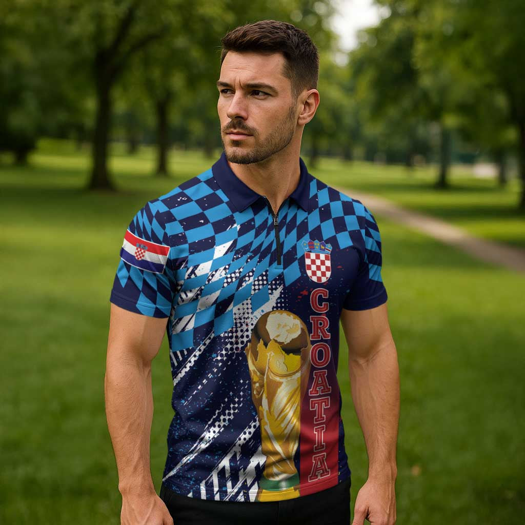 Croatia Football Custom WC2026 Blue Zipper Polo Shirt Hrvatska Grunge Checkerboard - Wonder Print Shop