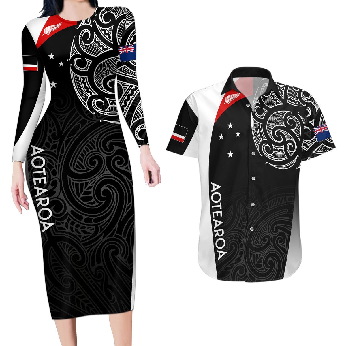 Personalised New Zealand Rugby Couples Matching Long Sleeve Bodycon Dress and Hawaiian Shirt Aotearoa World Cup 2023 Champions LT7 - Wonder Print Shop