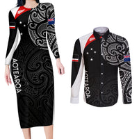 Personalised New Zealand Rugby Couples Matching Long Sleeve Bodycon Dress and Long Sleeve Button Shirts Aotearoa World Cup 2023 Champions LT7 - Wonder Print Shop