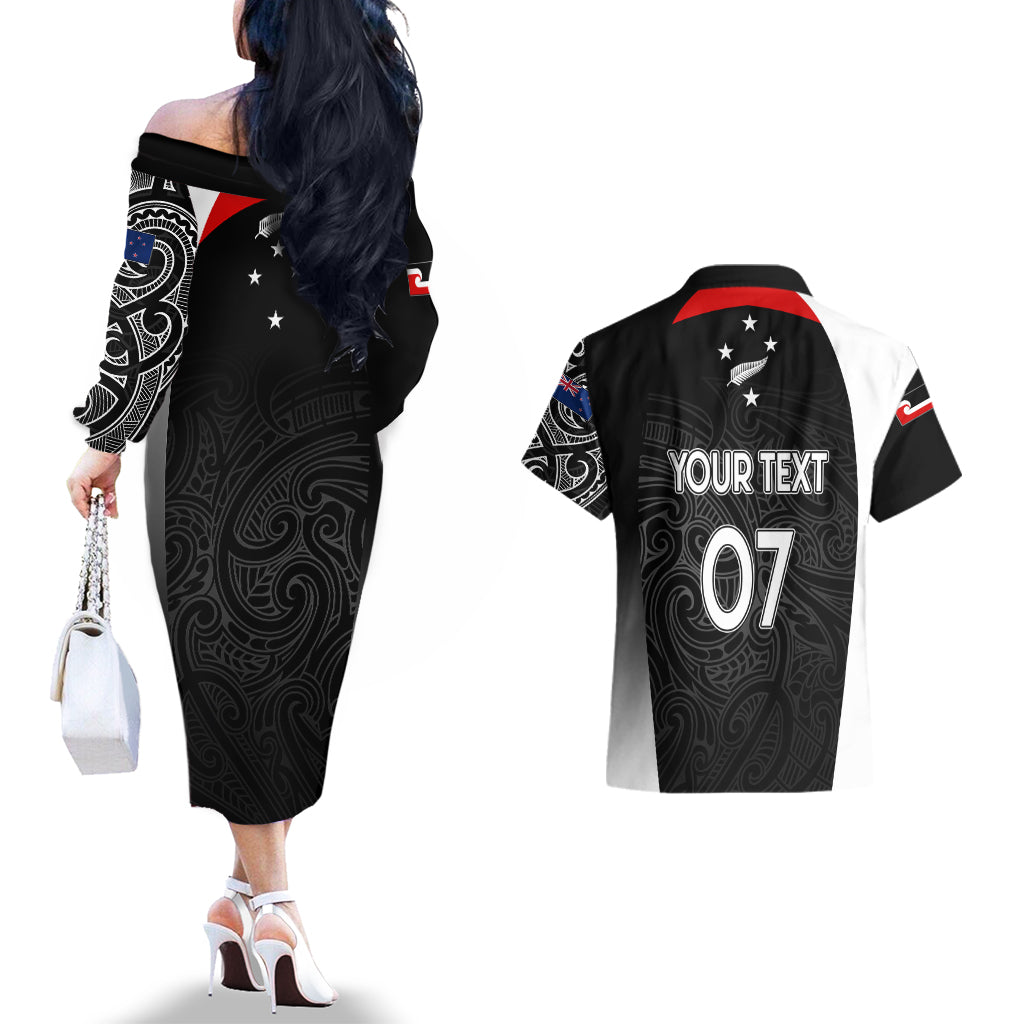 Personalised New Zealand Rugby Couples Matching Off The Shoulder Long Sleeve Dress and Hawaiian Shirt Aotearoa World Cup 2023 Champions LT7 - Wonder Print Shop