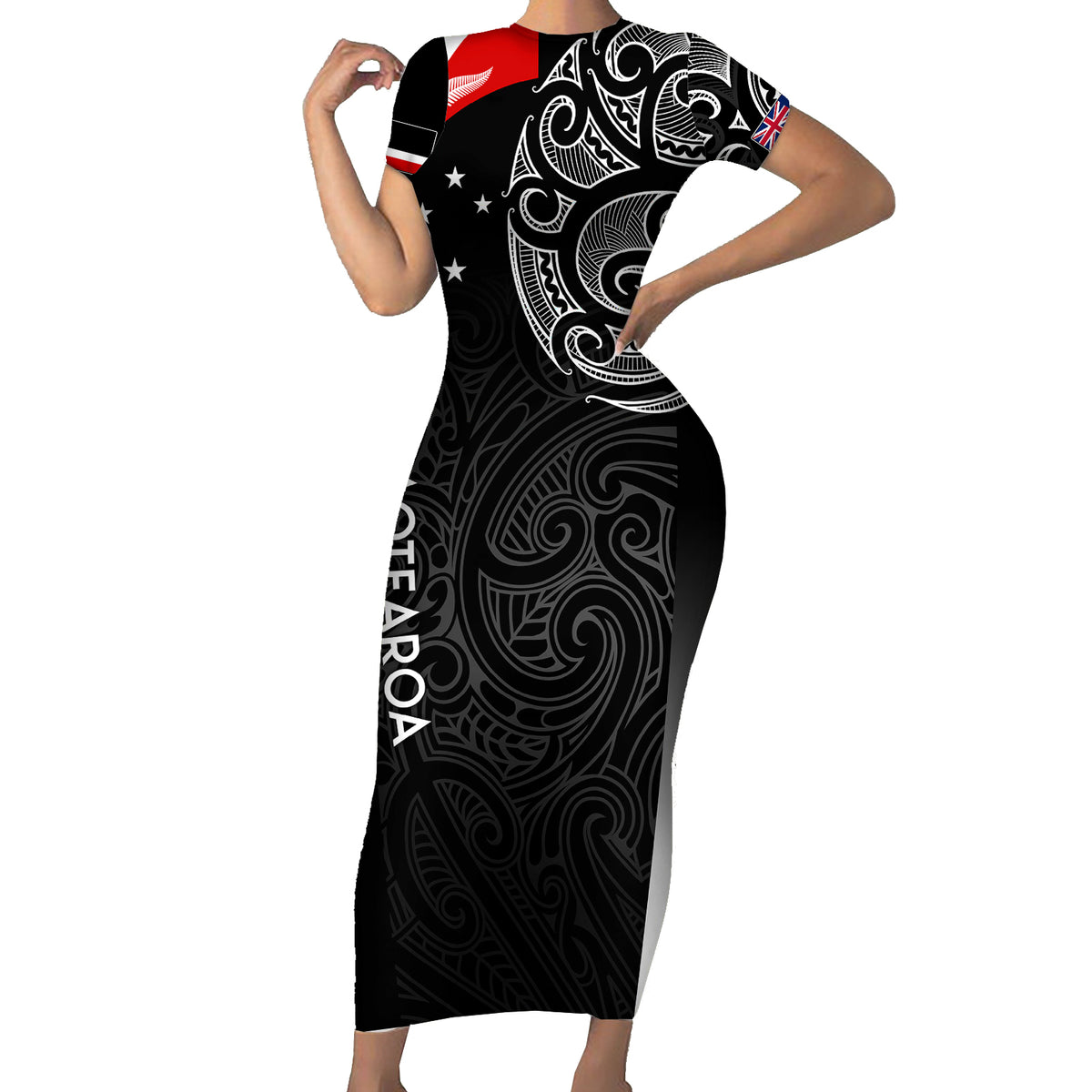 Personalised New Zealand Rugby Short Sleeve Bodycon Dress Aotearoa World Cup 2023 Champions - Wonder Print Shop