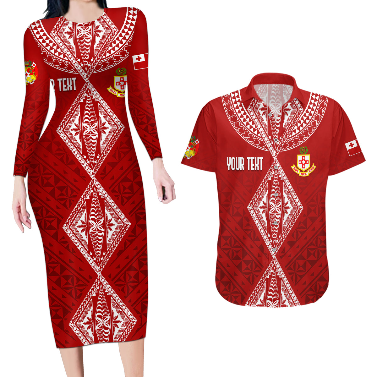 Personalised Kolisi Tonga Atele Couples Matching Long Sleeve Bodycon Dress and Hawaiian Shirt Tongan Kupesi - Special LT7 - Wonder Print Shop