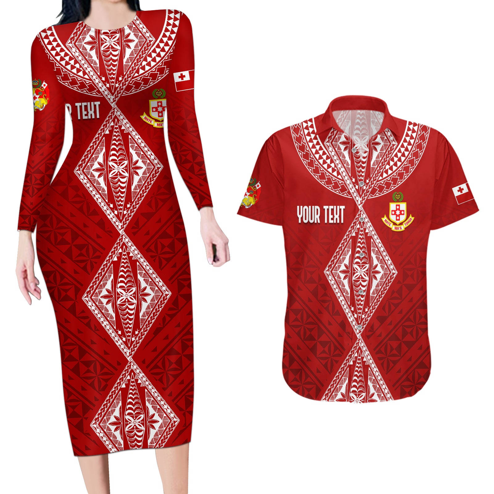 Personalised Kolisi Tonga Atele Couples Matching Long Sleeve Bodycon Dress and Hawaiian Shirt Tongan Kupesi - Special LT7 - Wonder Print Shop