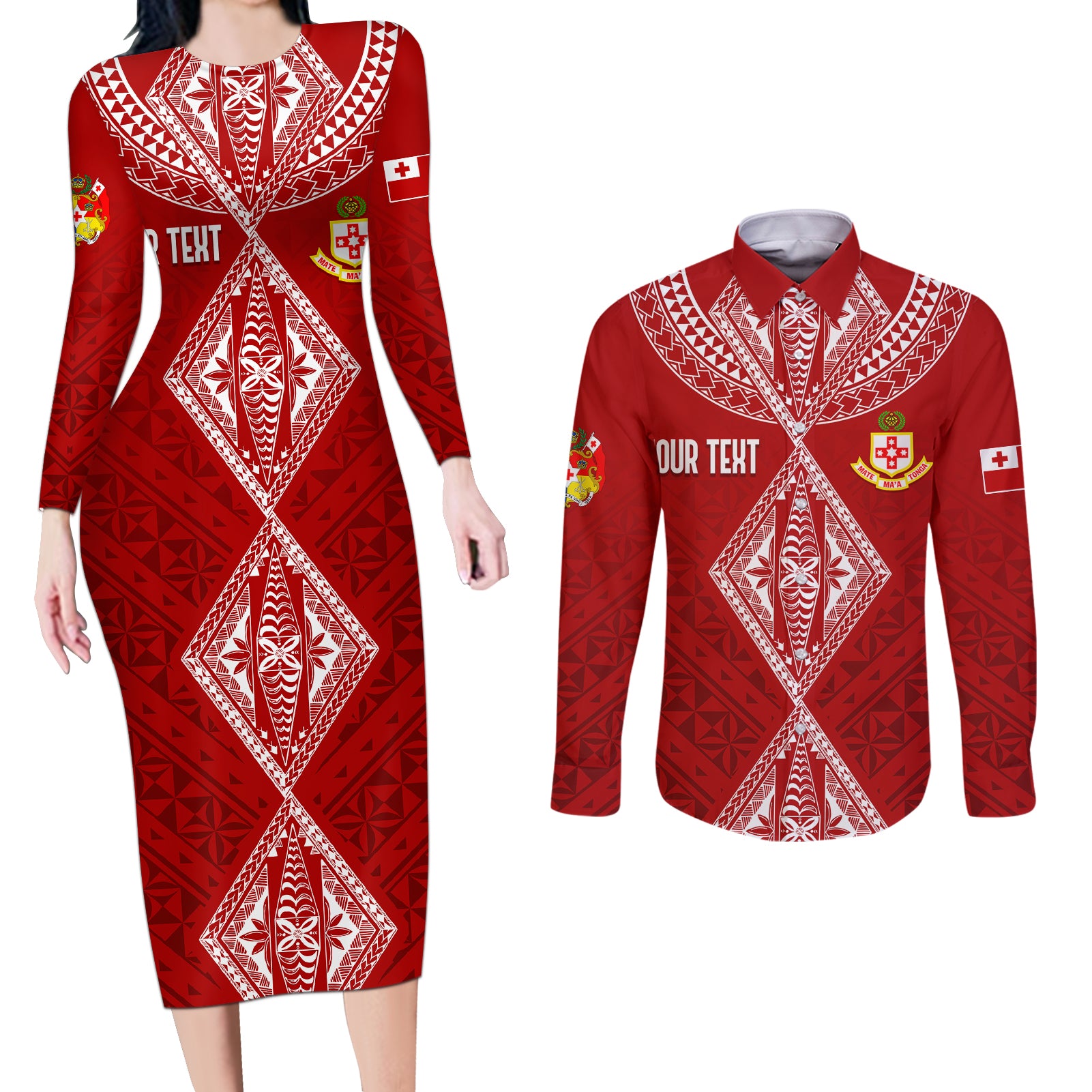 Personalised Kolisi Tonga Atele Couples Matching Long Sleeve Bodycon Dress and Long Sleeve Button Shirts Tongan Kupesi - Special LT7 - Wonder Print Shop