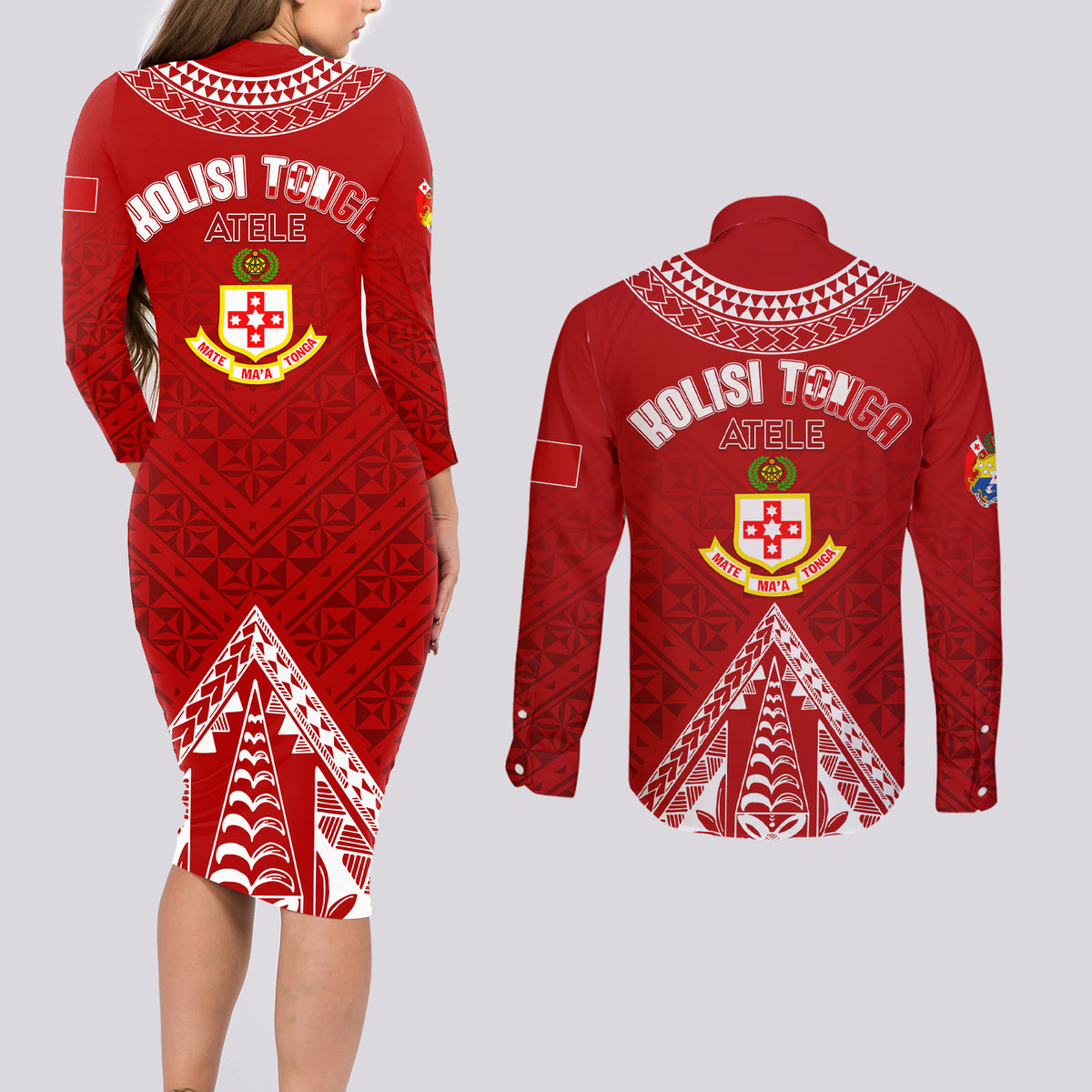 Personalised Kolisi Tonga Atele Couples Matching Long Sleeve Bodycon Dress and Long Sleeve Button Shirts Tongan Kupesi - Special LT7 - Wonder Print Shop