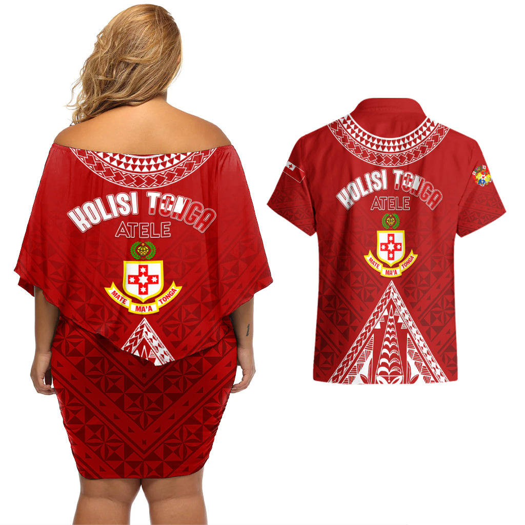 Personalised Kolisi Tonga Atele Couples Matching Off Shoulder Short Dress and Hawaiian Shirt Tongan Kupesi - Special LT7 - Wonder Print Shop