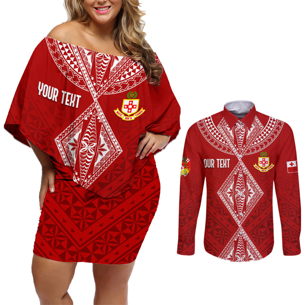 Personalised Kolisi Tonga Atele Couples Matching Off Shoulder Short Dress and Long Sleeve Button Shirts Tongan Kupesi - Special LT7 - Wonder Print Shop