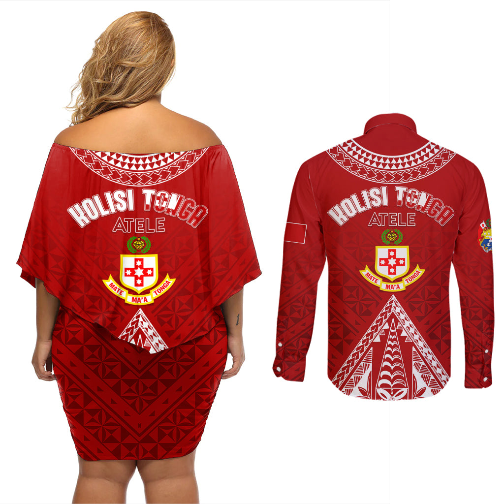Personalised Kolisi Tonga Atele Couples Matching Off Shoulder Short Dress and Long Sleeve Button Shirts Tongan Kupesi - Special LT7 - Wonder Print Shop