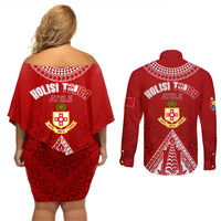Personalised Kolisi Tonga Atele Couples Matching Off Shoulder Short Dress and Long Sleeve Button Shirts Tongan Kupesi - Special LT7 - Wonder Print Shop