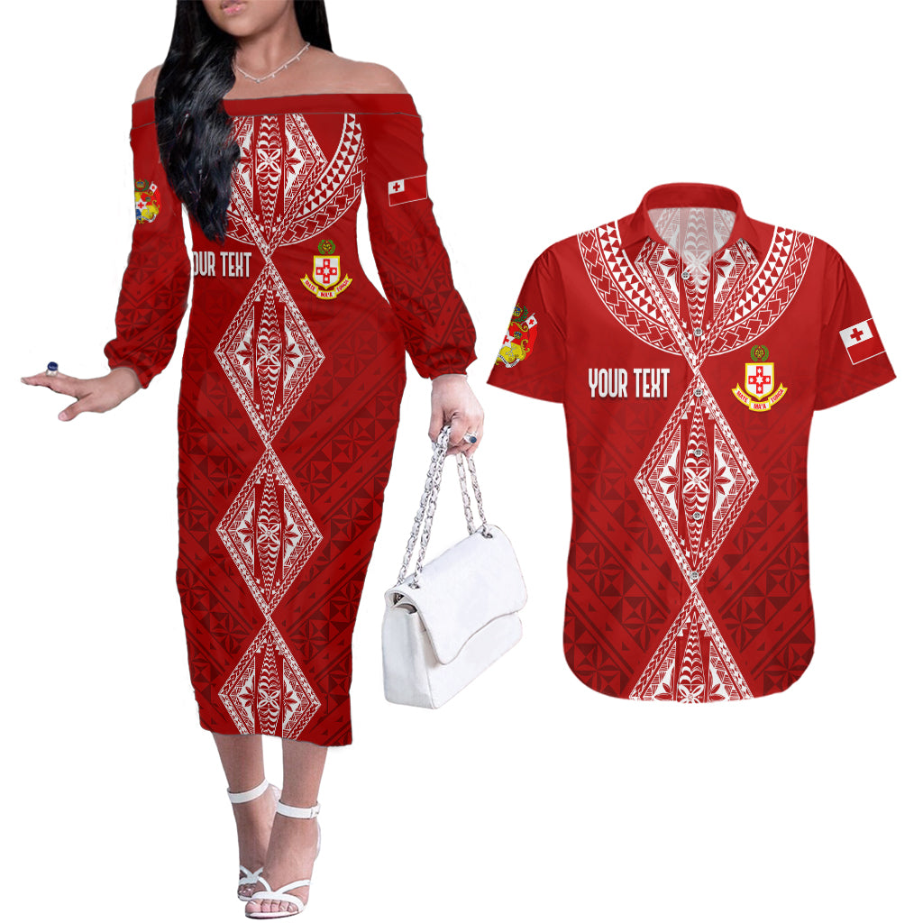 Personalised Kolisi Tonga Atele Couples Matching Off The Shoulder Long Sleeve Dress and Hawaiian Shirt Tongan Kupesi - Special LT7 - Wonder Print Shop