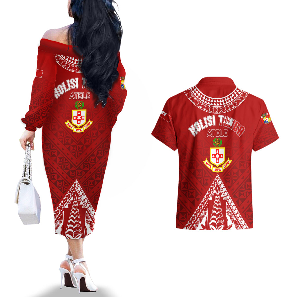 Personalised Kolisi Tonga Atele Couples Matching Off The Shoulder Long Sleeve Dress and Hawaiian Shirt Tongan Kupesi - Special LT7 - Wonder Print Shop