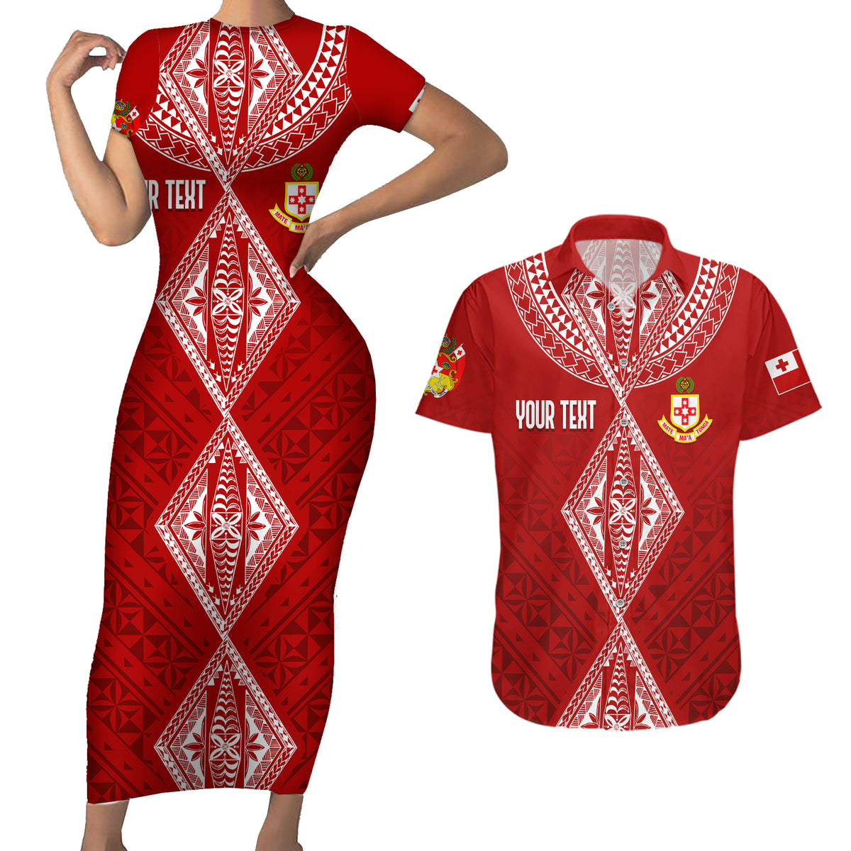 Personalised Kolisi Tonga Atele Couples Matching Short Sleeve Bodycon Dress and Hawaiian Shirt Tongan Kupesi - Special LT7 - Wonder Print Shop