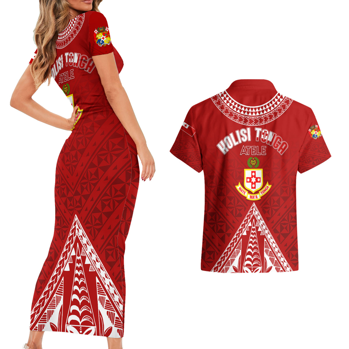 Personalised Kolisi Tonga Atele Couples Matching Short Sleeve Bodycon Dress and Hawaiian Shirt Tongan Kupesi - Special LT7 - Wonder Print Shop