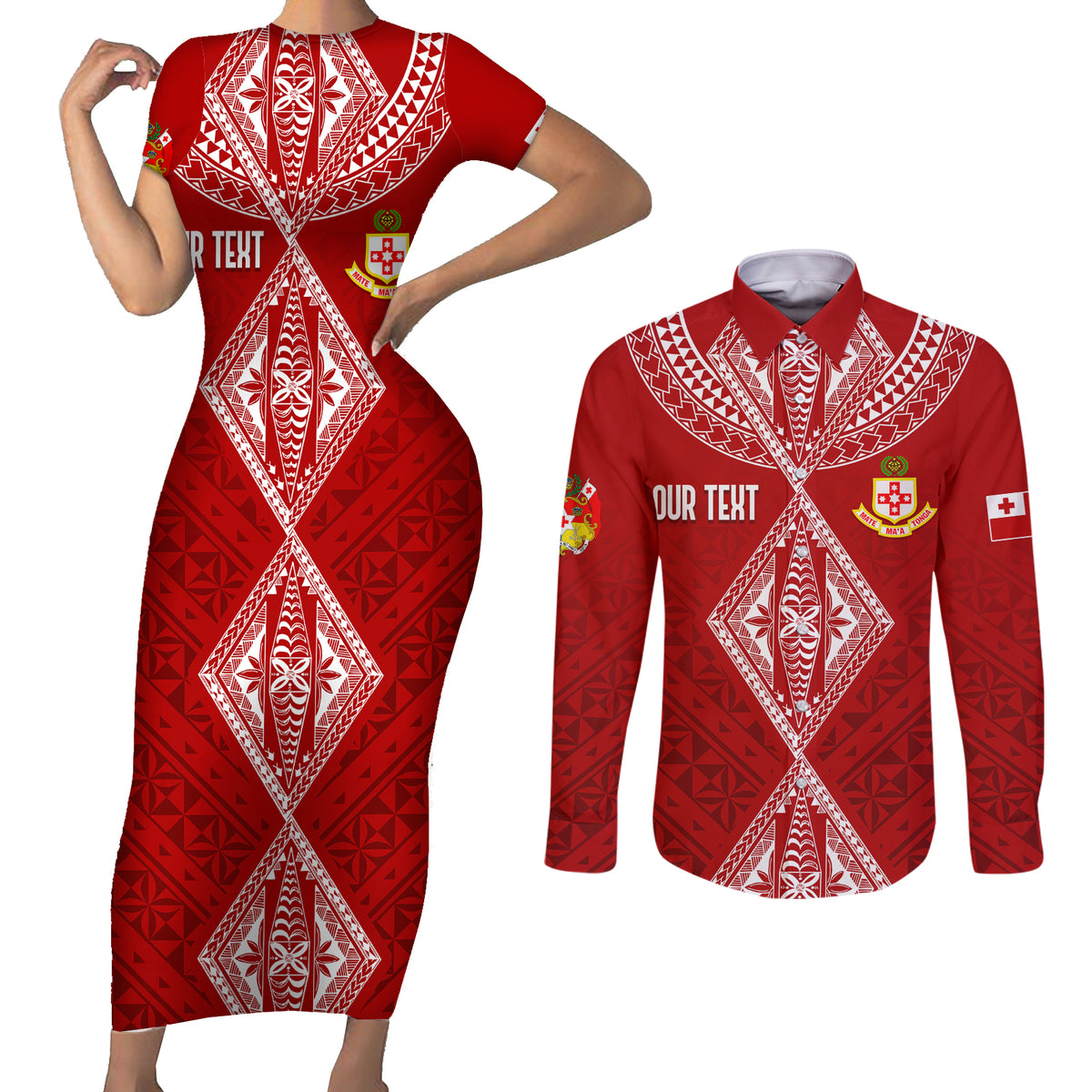 Personalised Kolisi Tonga Atele Couples Matching Short Sleeve Bodycon Dress and Long Sleeve Button Shirts Tongan Kupesi - Special LT7 - Wonder Print Shop