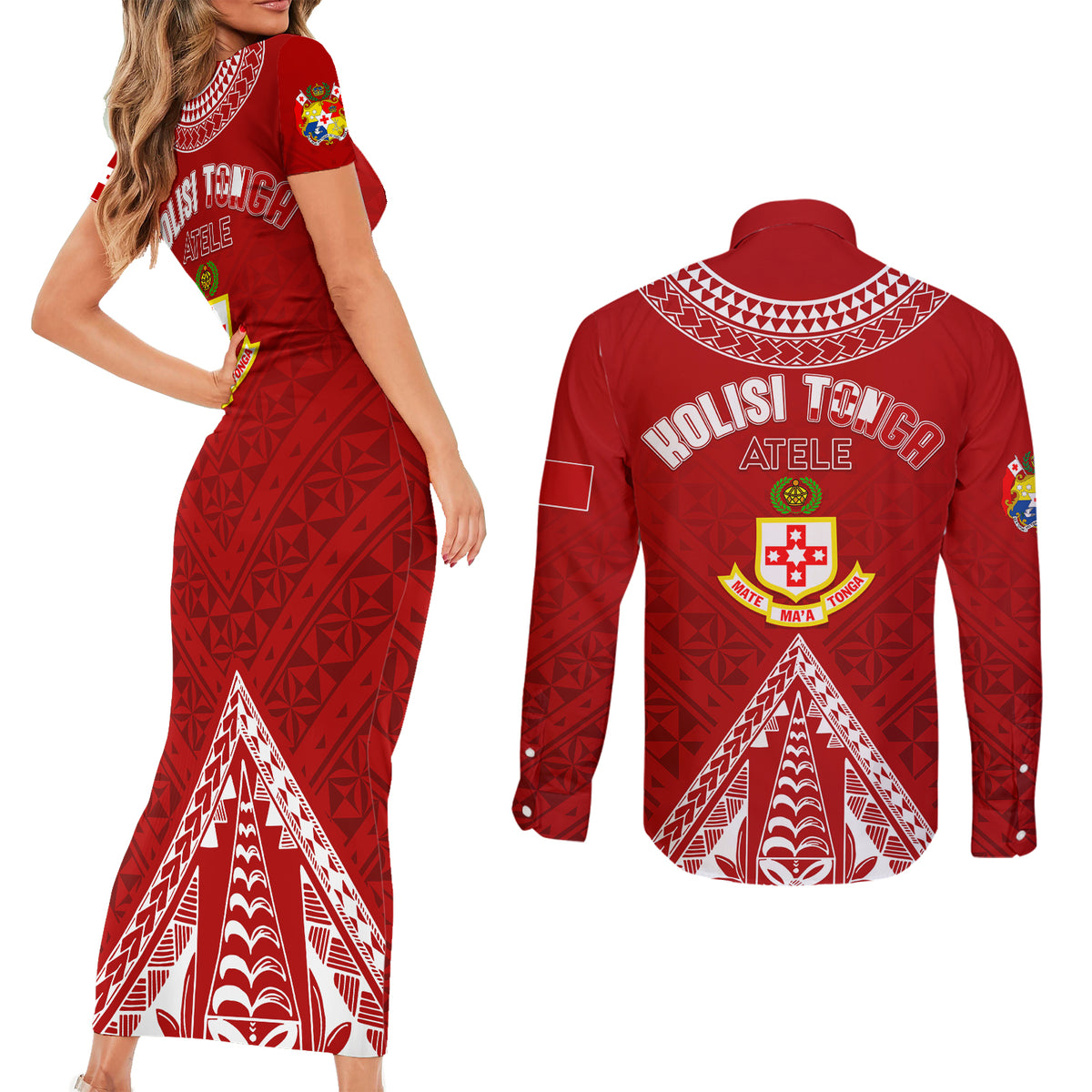 Personalised Kolisi Tonga Atele Couples Matching Short Sleeve Bodycon Dress and Long Sleeve Button Shirts Tongan Kupesi - Special LT7 - Wonder Print Shop