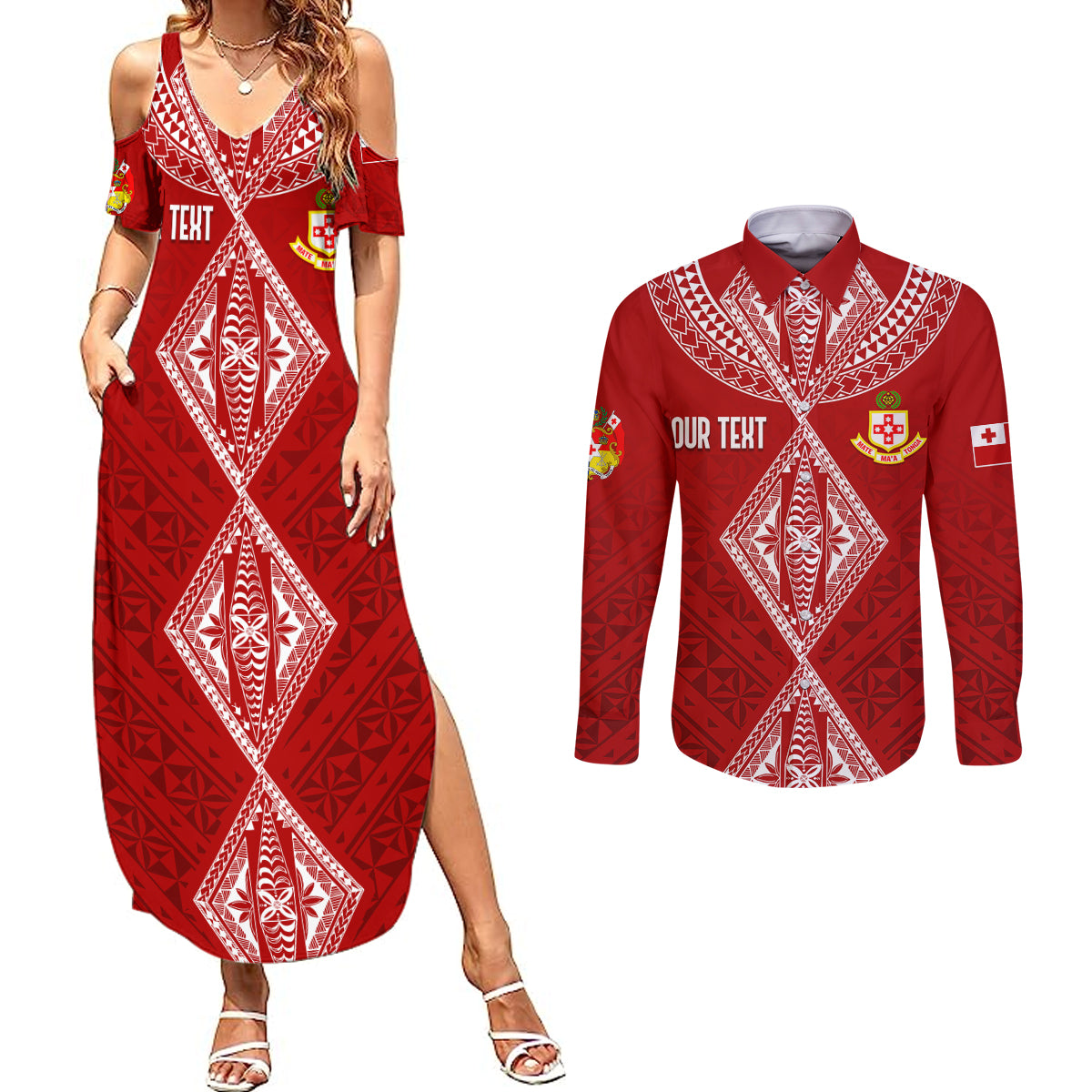 Personalised Kolisi Tonga Atele Couples Matching Summer Maxi Dress and Long Sleeve Button Shirts Tongan Kupesi - Special LT7 - Wonder Print Shop
