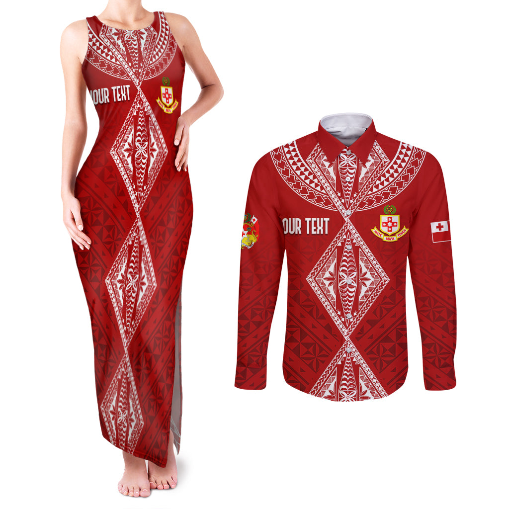 Personalised Kolisi Tonga Atele Couples Matching Tank Maxi Dress and Long Sleeve Button Shirts Tongan Kupesi - Special LT7 - Wonder Print Shop