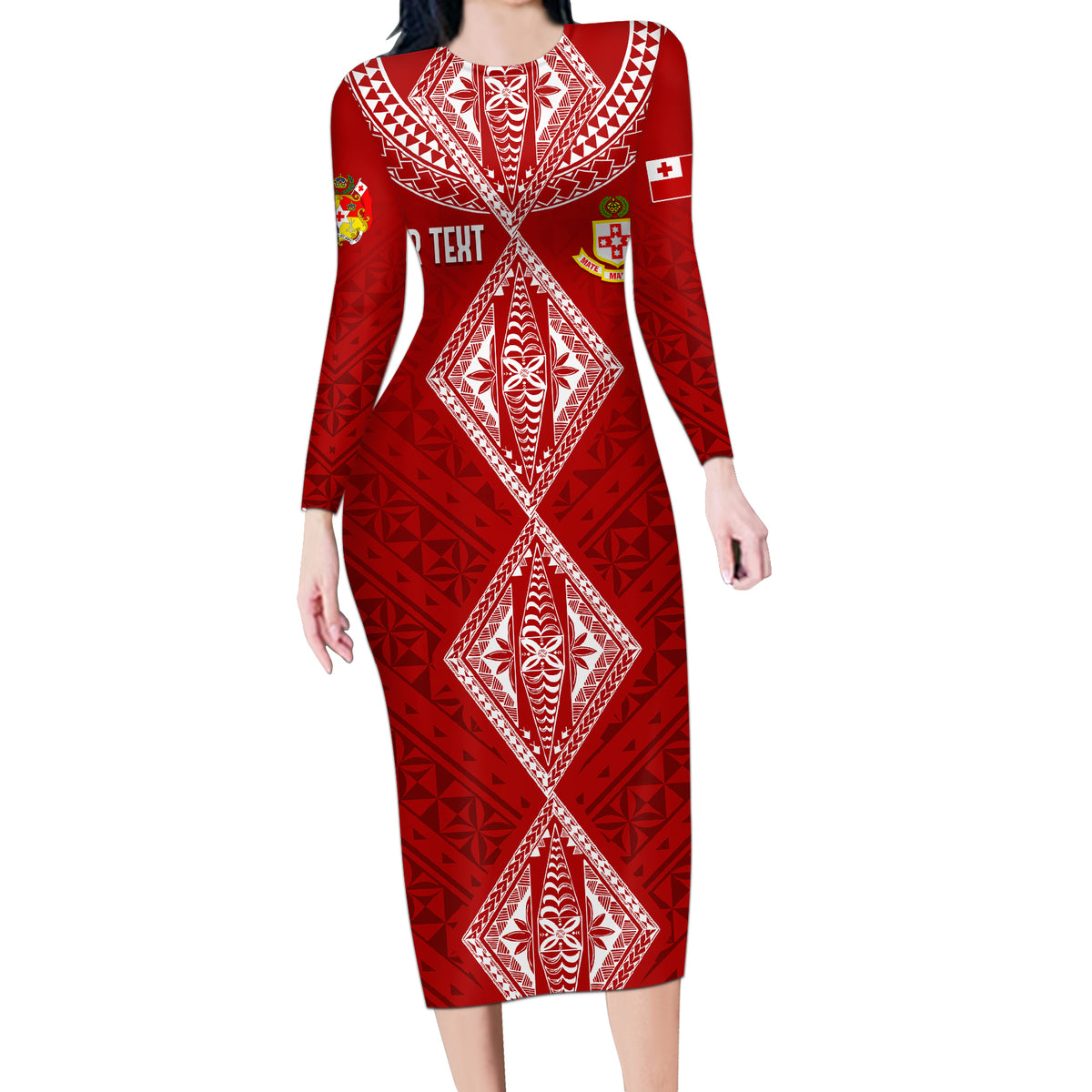 Personalised Kolisi Tonga Atele Long Sleeve Bodycon Dress Tongan Kupesi - Special - Wonder Print Shop