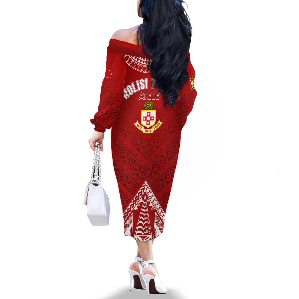 Personalised Kolisi Tonga Atele Off The Shoulder Long Sleeve Dress Tongan Kupesi - Special - Wonder Print Shop