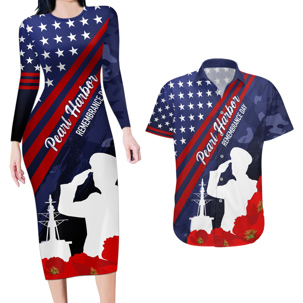 Pearl Harbor Remembrance Day Couples Matching Long Sleeve Bodycon Dress and Hawaiian Shirt Poppy Mix Style LT7 - Wonder Print Shop