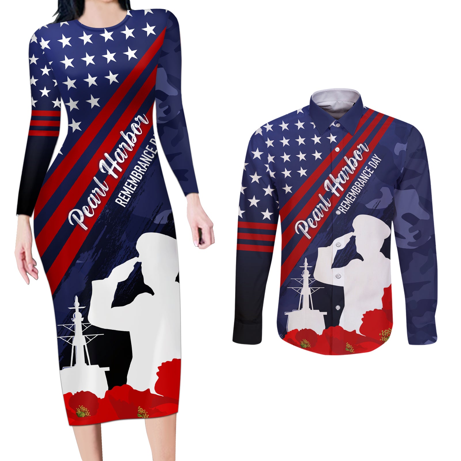 Pearl Harbor Remembrance Day Couples Matching Long Sleeve Bodycon Dress and Long Sleeve Button Shirt Poppy Mix Style LT7 - Wonder Print Shop