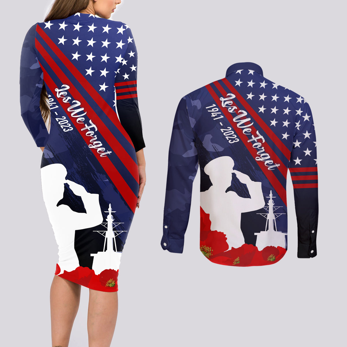Pearl Harbor Remembrance Day Couples Matching Long Sleeve Bodycon Dress and Long Sleeve Button Shirt Poppy Mix Style LT7 - Wonder Print Shop