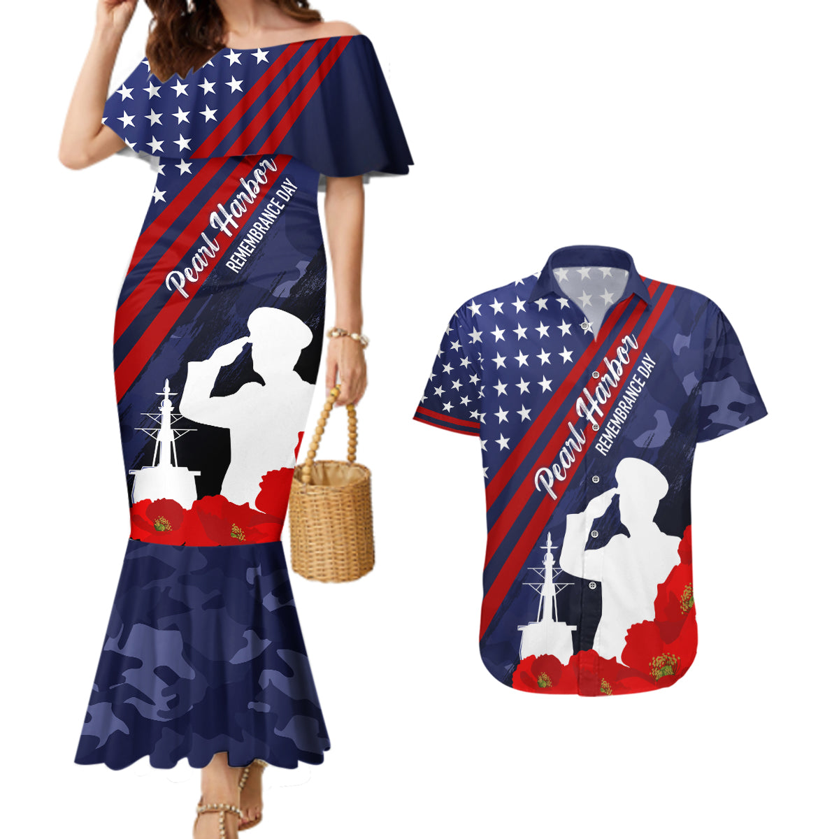 Pearl Harbor Remembrance Day Couples Matching Mermaid Dress and Hawaiian Shirt Poppy Mix Style LT7 - Wonder Print Shop