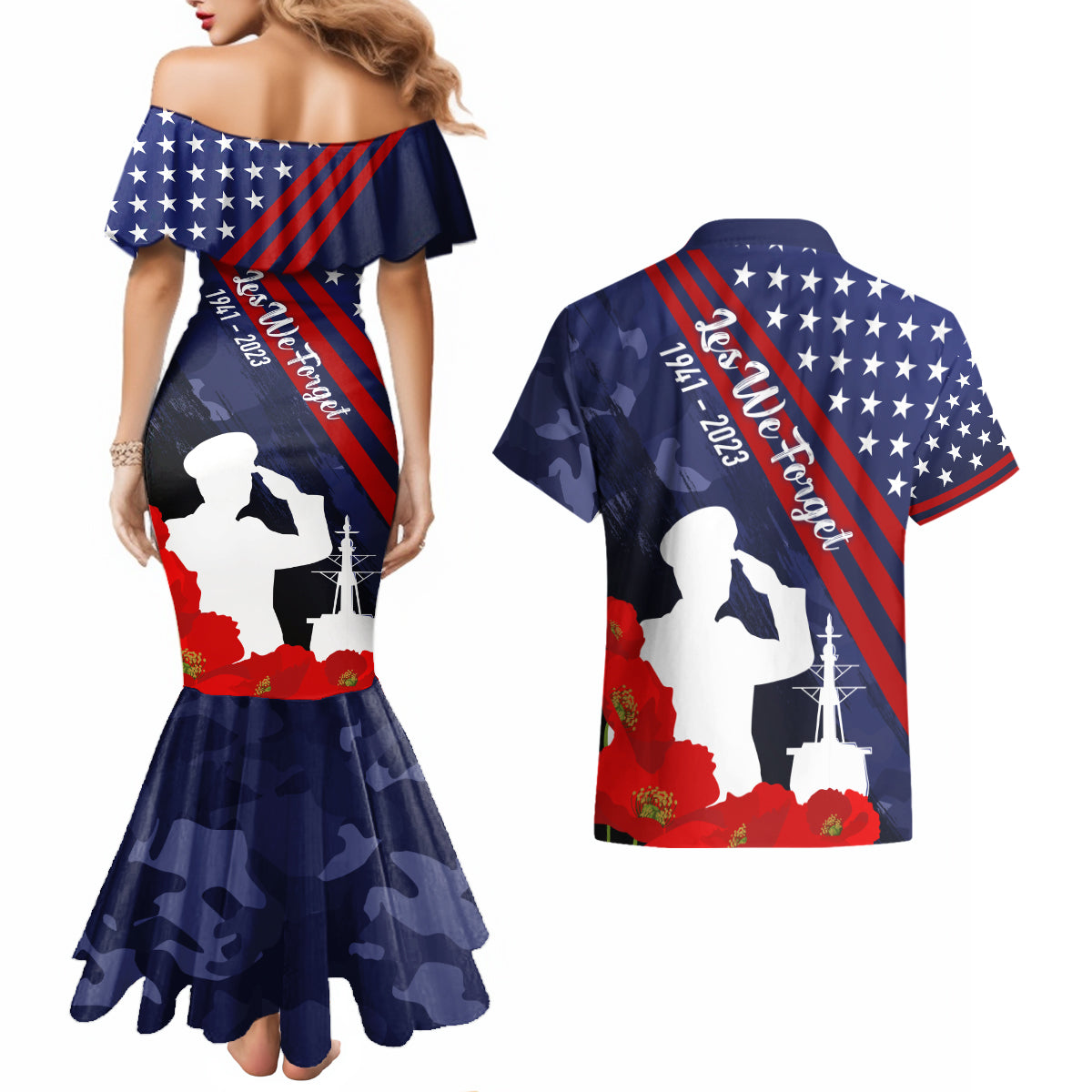 Pearl Harbor Remembrance Day Couples Matching Mermaid Dress and Hawaiian Shirt Poppy Mix Style LT7 - Wonder Print Shop