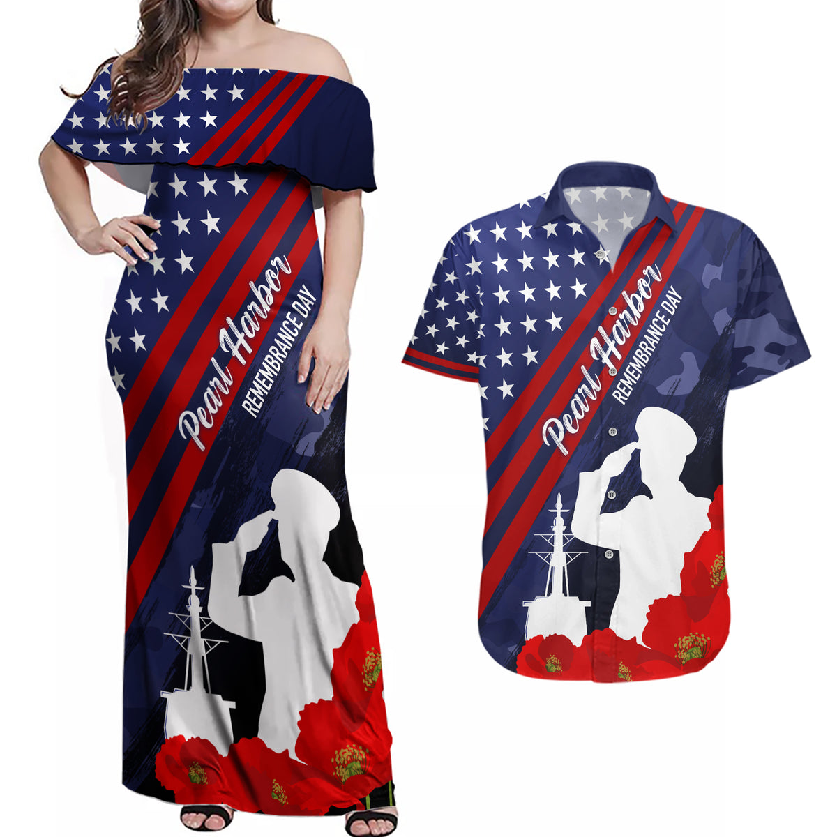 Pearl Harbor Remembrance Day Couples Matching Off Shoulder Maxi Dress and Hawaiian Shirt Poppy Mix Style LT7 - Wonder Print Shop