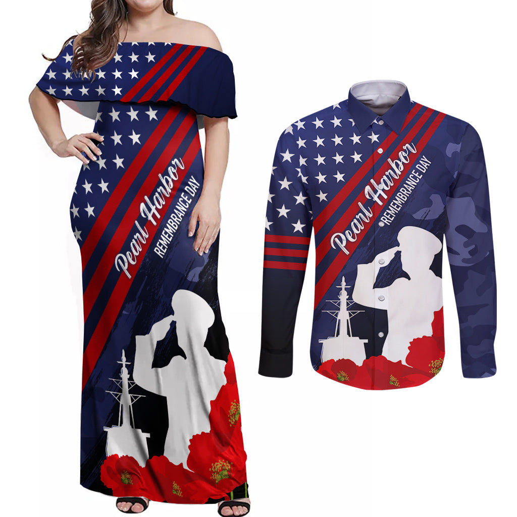 Pearl Harbor Remembrance Day Couples Matching Off Shoulder Maxi Dress and Long Sleeve Button Shirt Poppy Mix Style LT7 - Wonder Print Shop