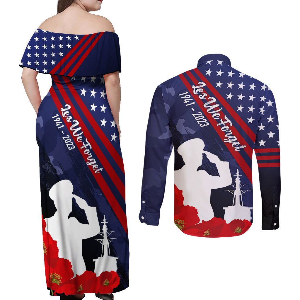 Pearl Harbor Remembrance Day Couples Matching Off Shoulder Maxi Dress and Long Sleeve Button Shirt Poppy Mix Style LT7 - Wonder Print Shop