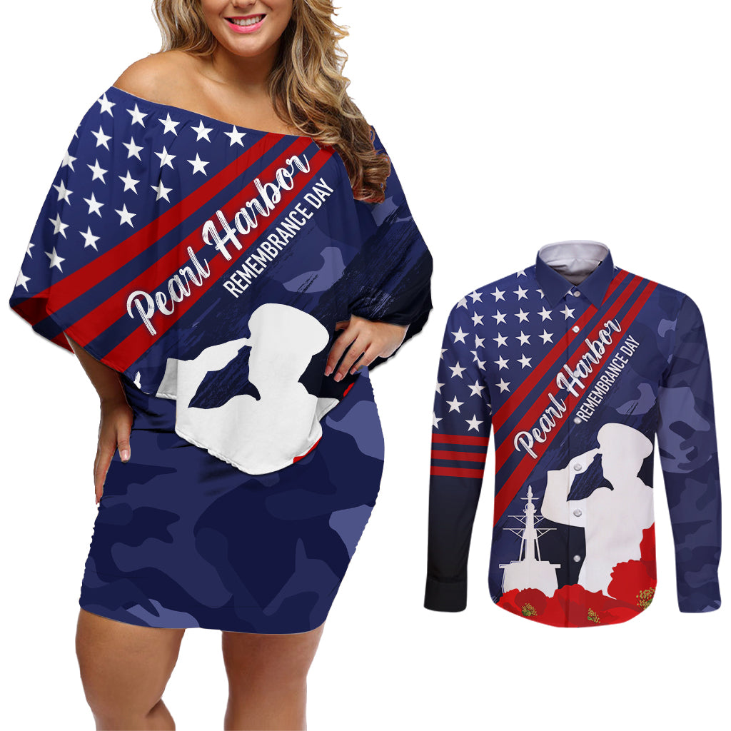 Pearl Harbor Remembrance Day Couples Matching Off Shoulder Short Dress and Long Sleeve Button Shirt Poppy Mix Style LT7 - Wonder Print Shop