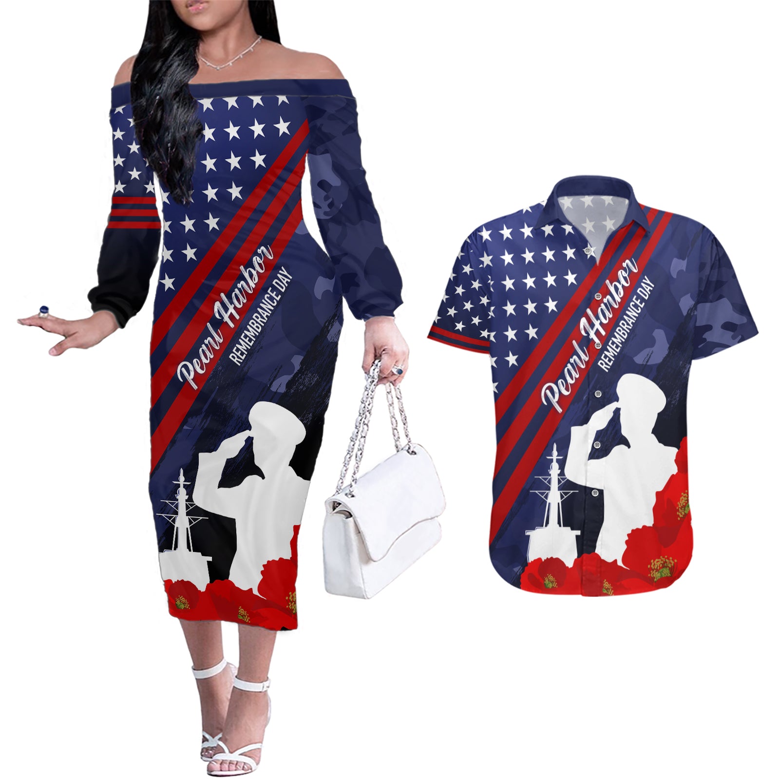 Pearl Harbor Remembrance Day Couples Matching Off The Shoulder Long Sleeve Dress and Hawaiian Shirt Poppy Mix Style LT7 - Wonder Print Shop