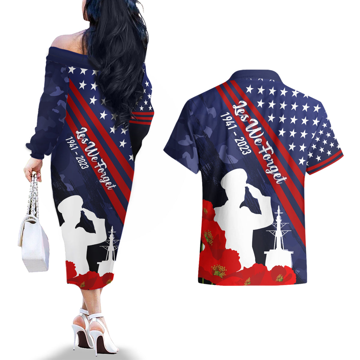 Pearl Harbor Remembrance Day Couples Matching Off The Shoulder Long Sleeve Dress and Hawaiian Shirt Poppy Mix Style LT7 - Wonder Print Shop