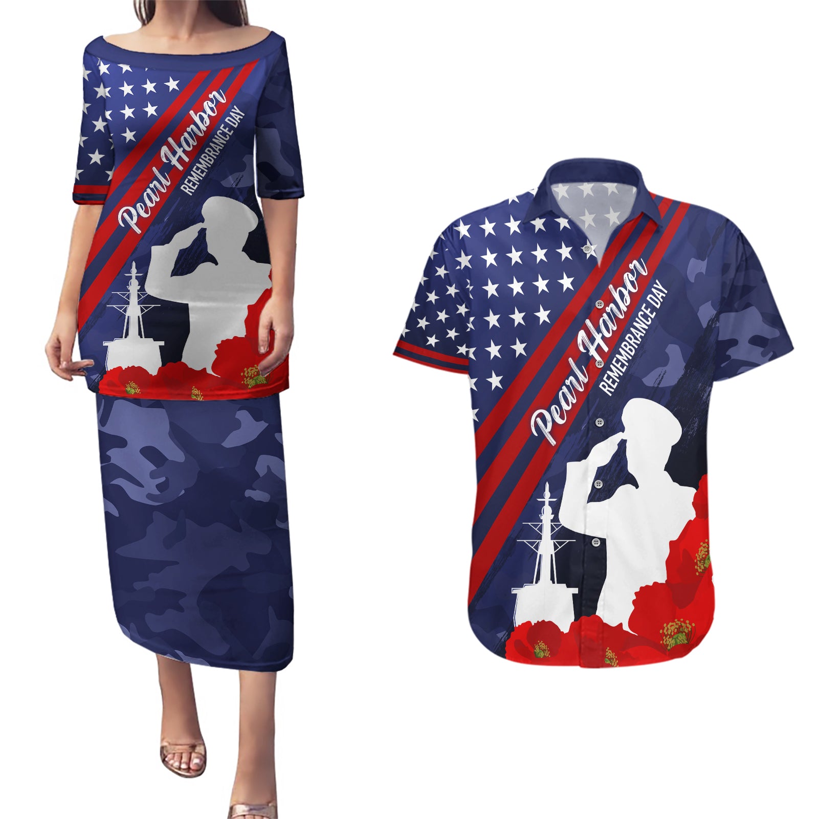 Pearl Harbor Remembrance Day Couples Matching Puletasi Dress and Hawaiian Shirt Poppy Mix Style LT7 - Wonder Print Shop