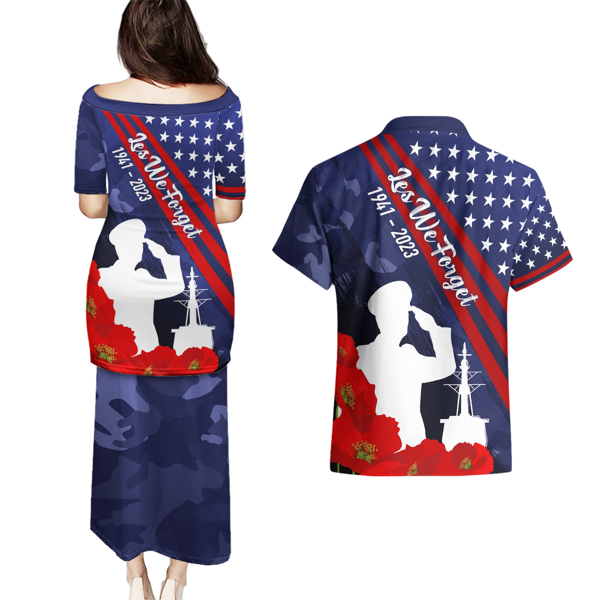 Pearl Harbor Remembrance Day Couples Matching Puletasi Dress and Hawaiian Shirt Poppy Mix Style LT7 - Wonder Print Shop