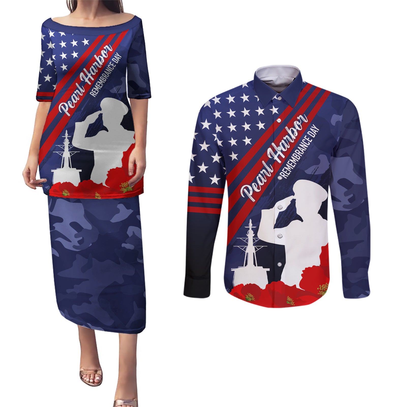 Pearl Harbor Remembrance Day Couples Matching Puletasi Dress and Long Sleeve Button Shirt Poppy Mix Style LT7 - Wonder Print Shop