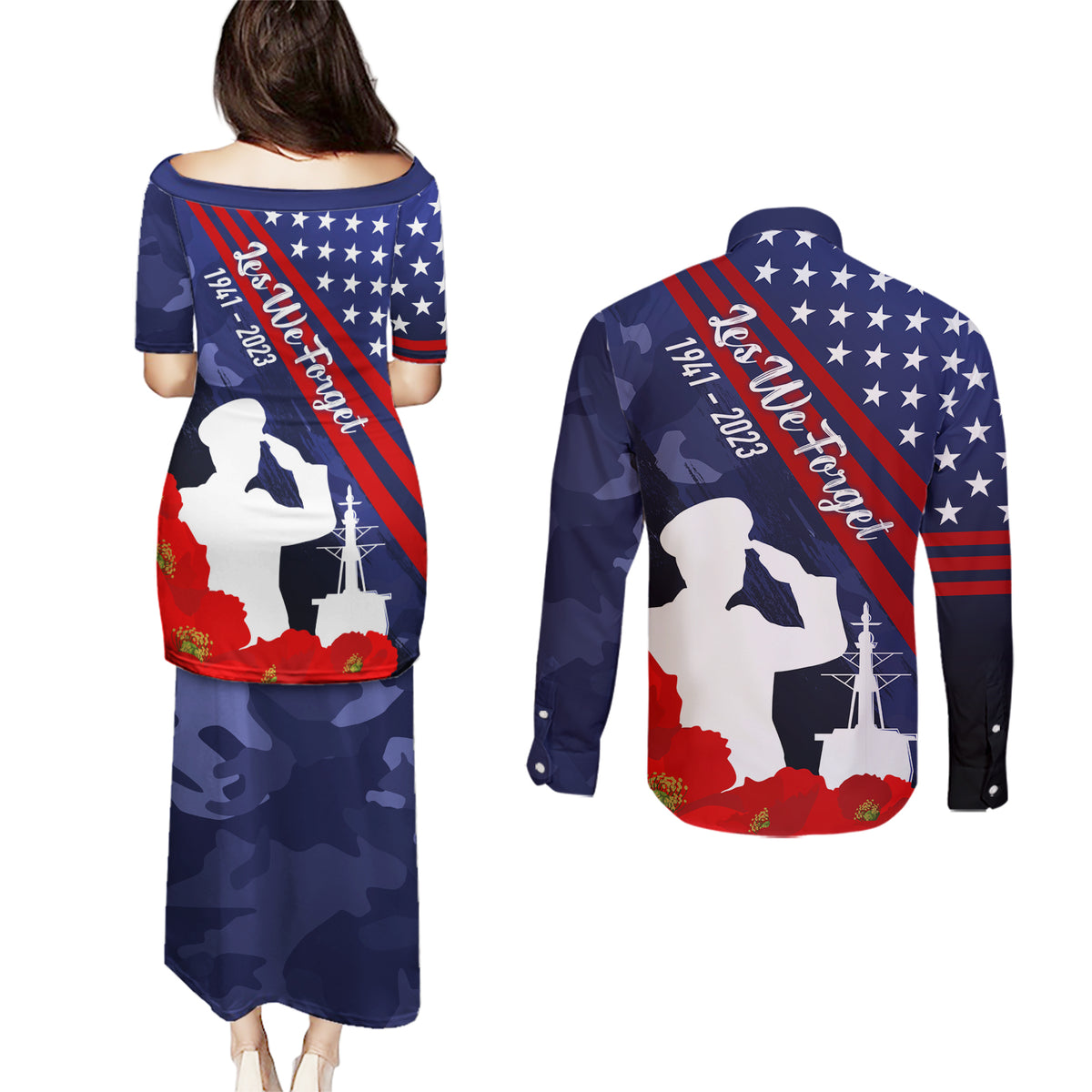 Pearl Harbor Remembrance Day Couples Matching Puletasi Dress and Long Sleeve Button Shirt Poppy Mix Style LT7 - Wonder Print Shop