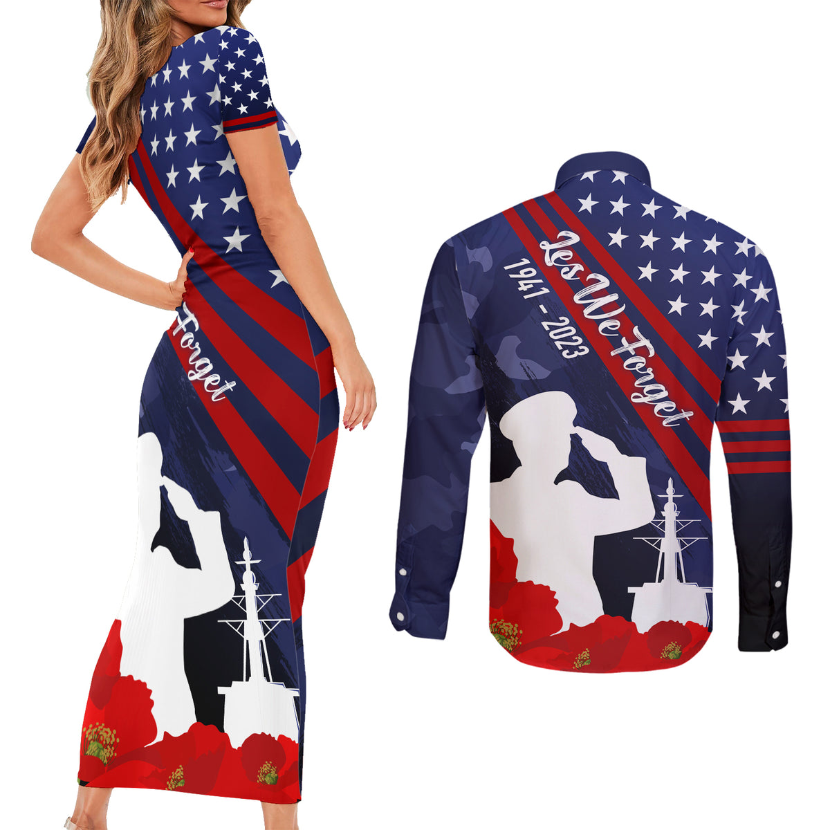 Pearl Harbor Remembrance Day Couples Matching Short Sleeve Bodycon Dress and Long Sleeve Button Shirt Poppy Mix Style LT7 - Wonder Print Shop
