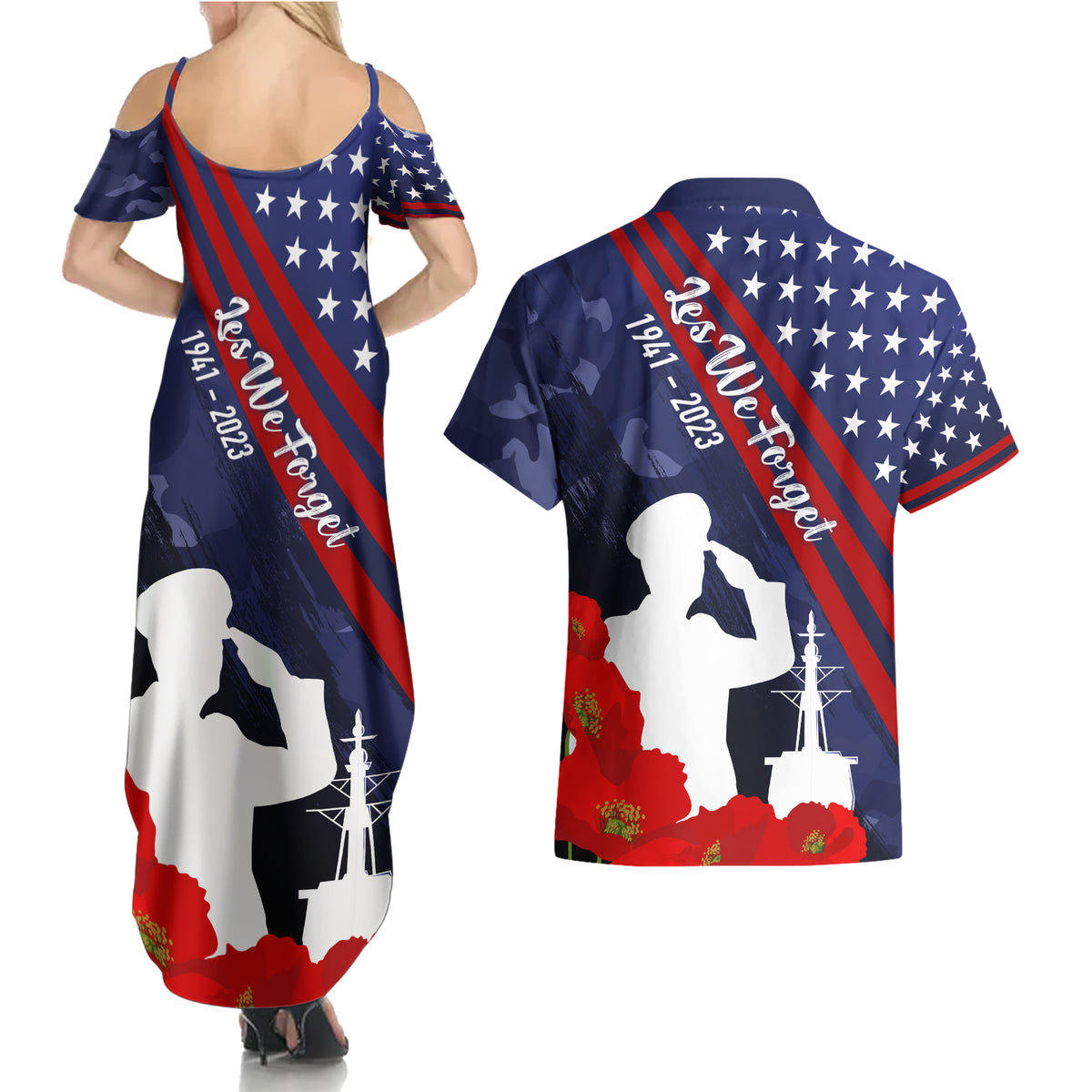 Pearl Harbor Remembrance Day Couples Matching Summer Maxi Dress and Hawaiian Shirt Poppy Mix Style LT7 - Wonder Print Shop